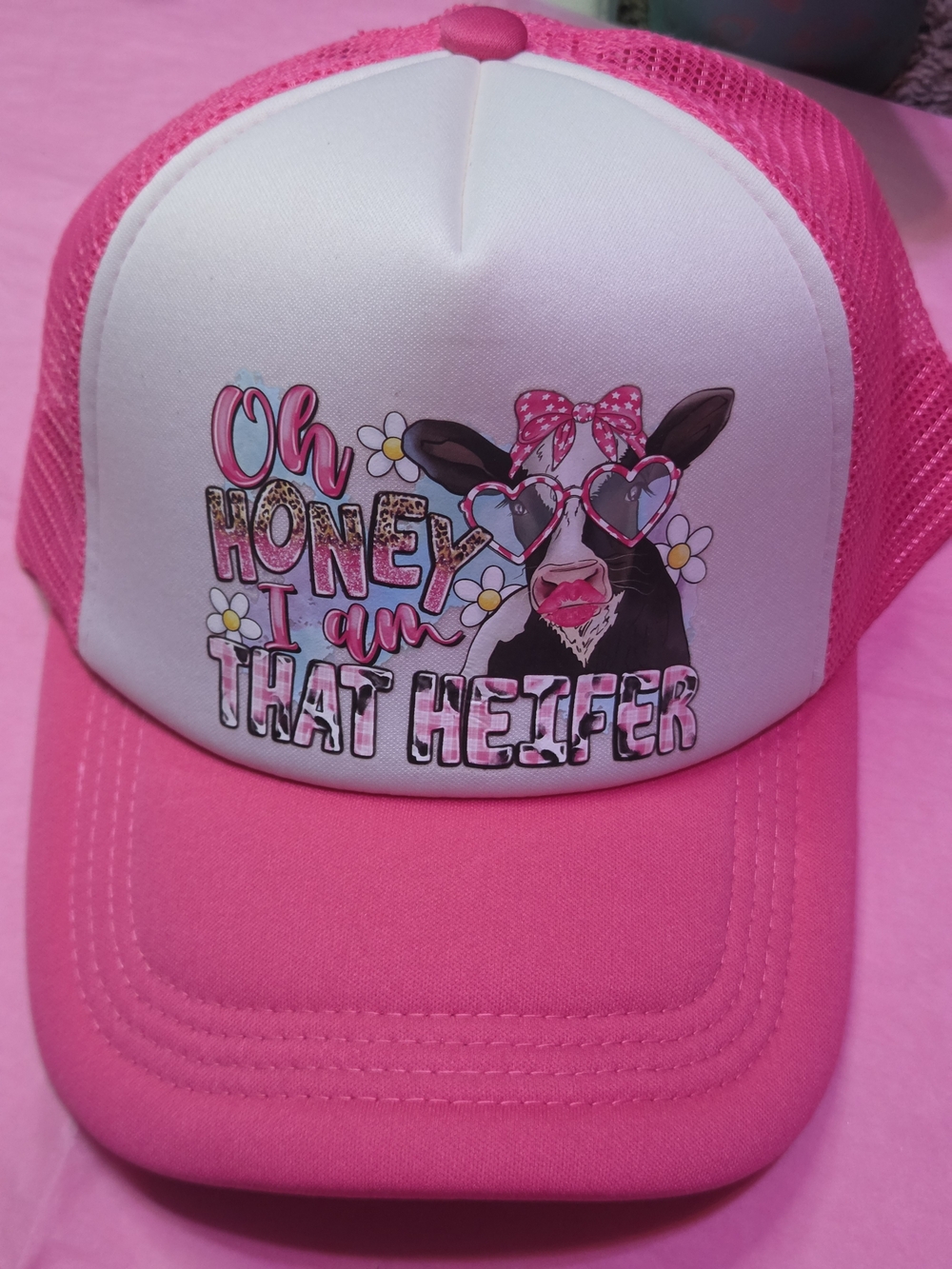 Pink Trucker Hat with Cow Graphic - Oh Honey I Am That Heifer